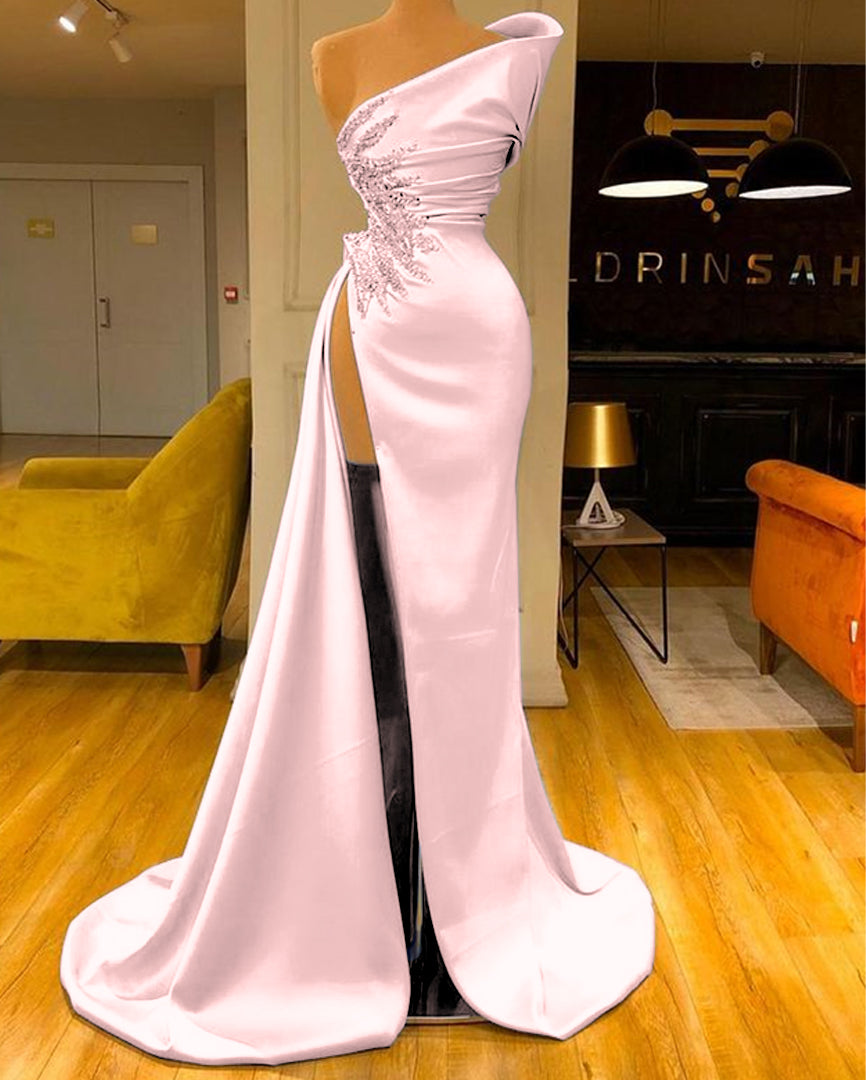 Sky Blue Sleeveless Long Mermaid Front Slit Evening Dress with Beads