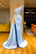 Sky Blue Sleeveless Long Mermaid Front Slit Evening Dress with Beads