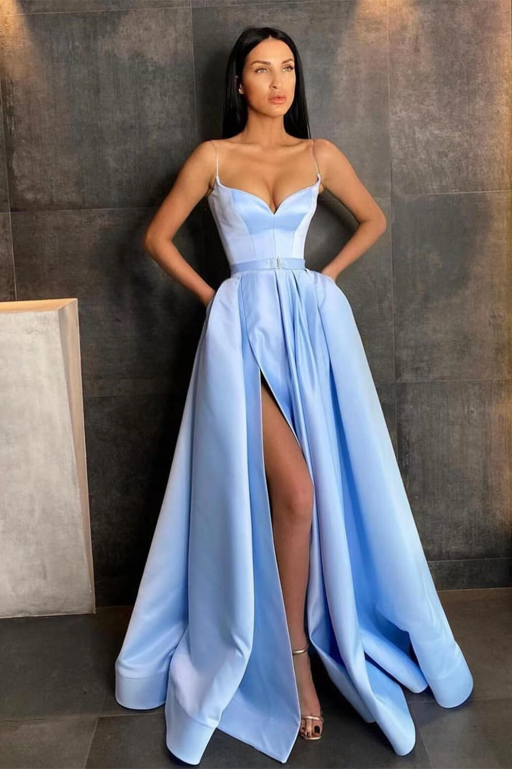 Sky Blue Long Satin Front Slit Spaghetti Straps A-Line Prom Dress with Pockets