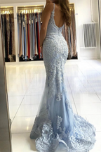 Sky Blue Long Sweetheart Spaghetti Straps Mermaid Backless Evening Dress