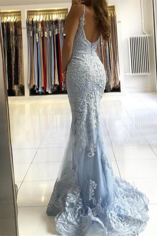Sky Blue Long Sweetheart Spaghetti Straps Mermaid Backless Evening Dress