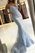 Vestido de Noche Largo Azul Cielo en Estilo Sirena con Tirantes Espagueti y Escote Corazón Sin Espalda