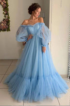 Vestido de festa comprido azul-celeste ombro a ombro elegante PG971
