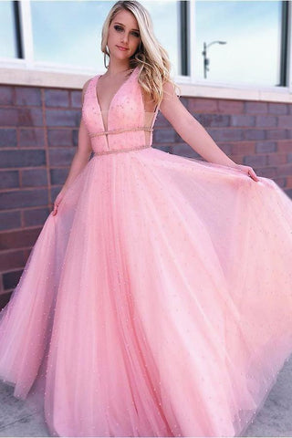 Vestido de baile comprido com decote em V azul-celeste e missangas, pérolas e tule, lindo vestido de baile PG836