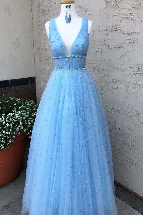 Himmelblaues langes Ballkleid mit V-Ausschnitt und Perlen, Tüll, süßes Ballkleid PG836