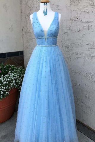 Vestido de baile comprido com decote em V azul-celeste e missangas, pérolas e tule, lindo vestido de baile PG836