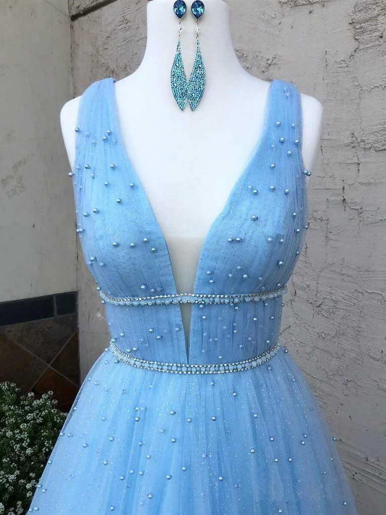 Himmelblaues langes Ballkleid mit V-Ausschnitt und Perlen, Tüll, süßes Ballkleid PG836