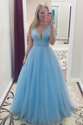 Abito da Ballo Lungo con Scollatura a V Celeste, Perline, Tulle e Perle, Carino PG836