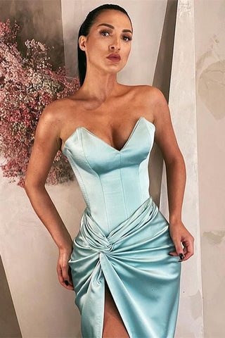 Sky Blue Mermaid Satin V-Neck Long Prom Dress with Split