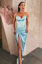 Sky Blue Mermaid Satin V-Neck Long Prom Dress with Split