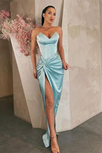 Sky Blue Mermaid Satin V-Neck Long Prom Dress with Split