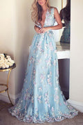 Himmelblau V-Ausschnitt Ballkleider Stickerei Abendkleid Abendkleider PG776