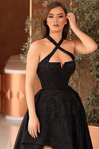 Sleek and Stylish Black Halter Strapless Sleeveless A Line Prom Dress with Split Front
