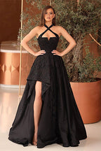 Sleek and Stylish Black Halter Strapless Sleeveless A Line Prom Dress with Split Front