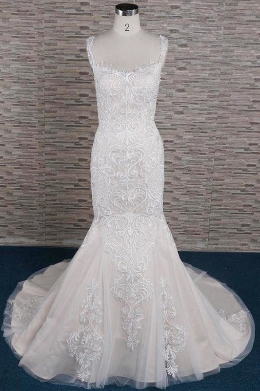 Schlanke Quadrat-Ausschnitte mit Applikationen, Hübsche Meerjungfrau-Elegante Hochzeitskleider