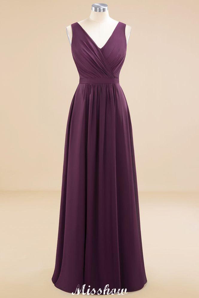 Sleeveless A-line Chiffon Bridesmaid Dress Floor-Length V-Neck Party Gown