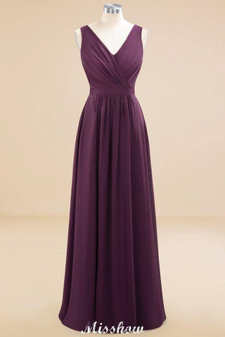 Ärmelloses A-Linien-Chiffon-Brautjungfernkleid, bodenlanges Partykleid mit V-Ausschnitt