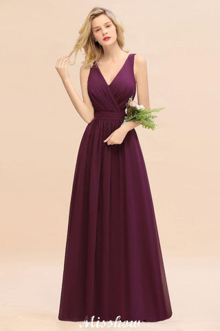 Ärmelloses A-Linien-Chiffon-Brautjungfernkleid, bodenlanges Partykleid mit V-Ausschnitt