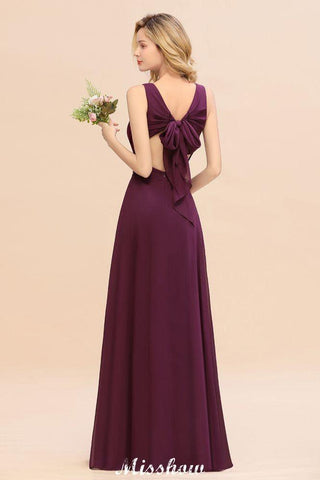 Ärmelloses A-Linien-Chiffon-Brautjungfernkleid, bodenlanges Partykleid mit V-Ausschnitt