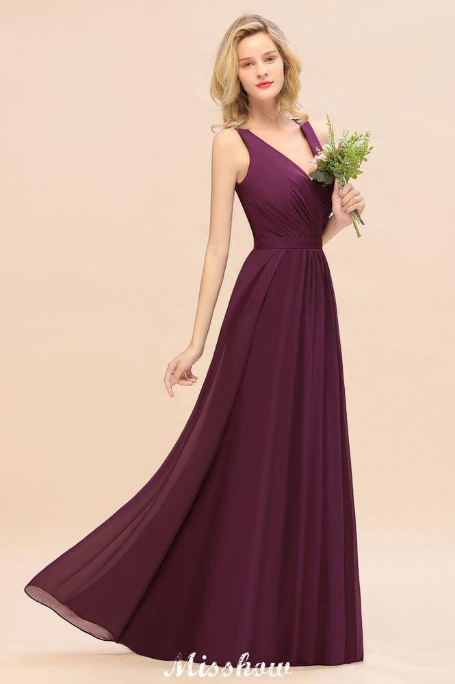 Sleeveless A-line Chiffon Bridesmaid Dress Floor-Length V-Neck Party Gown
