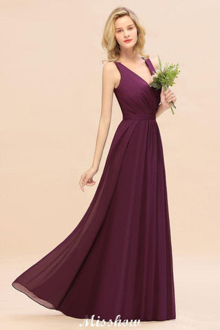 Ärmelloses A-Linien-Chiffon-Brautjungfernkleid, bodenlanges Partykleid mit V-Ausschnitt