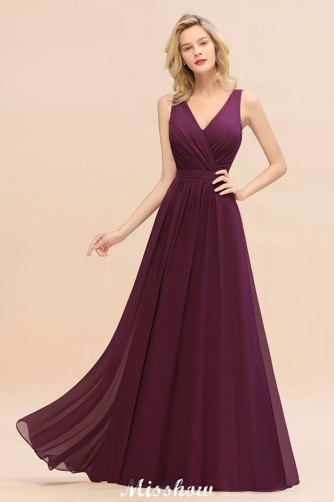 Sleeveless A-line Chiffon Bridesmaid Dress Floor-Length V-Neck Party Gown