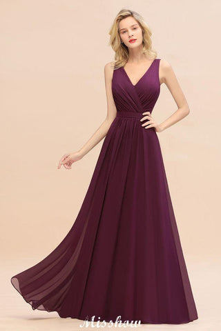 Ärmelloses A-Linien-Chiffon-Brautjungfernkleid, bodenlanges Partykleid mit V-Ausschnitt