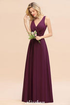 Sleeveless A-line Chiffon Bridesmaid Dress Floor-Length V-Neck Party Gown