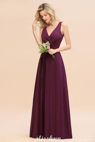 Ärmelloses A-Linien-Chiffon-Brautjungfernkleid, bodenlanges Partykleid mit V-Ausschnitt
