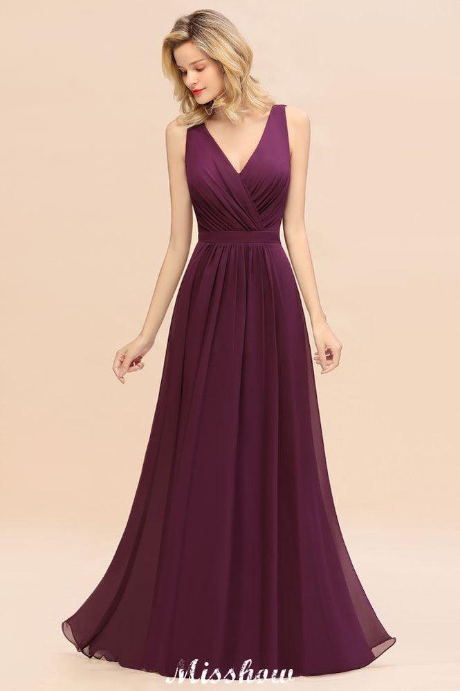 Sleeveless A-line Chiffon Bridesmaid Dress Floor-Length V-Neck Party Gown
