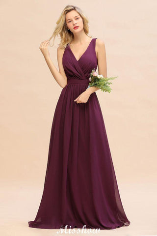 Ärmelloses A-Linien-Chiffon-Brautjungfernkleid, bodenlanges Partykleid mit V-Ausschnitt