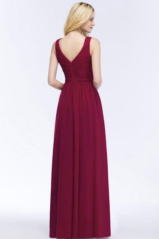 Ärmelloses A-Linien-Brautjungfernkleid mit V-Ausschnitt und Rüschen aus Chiffon, bodenlanges Partykleid