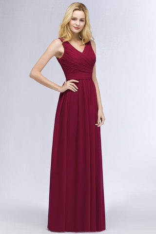 Ärmelloses A-Linien-Brautjungfernkleid mit V-Ausschnitt und Rüschen aus Chiffon, bodenlanges Partykleid