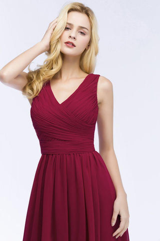 Ärmelloses A-Linien-Brautjungfernkleid mit V-Ausschnitt und Rüschen aus Chiffon, bodenlanges Partykleid