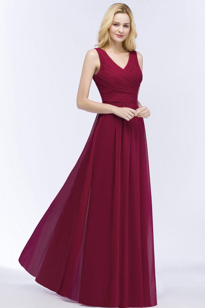 Sleeveless A-line V-neck Ruffled Chiffon Bridesmaid Dresses Floor Length Party Dress