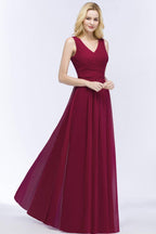 Sleeveless A-line V-neck Ruffled Chiffon Bridesmaid Dresses Floor Length Party Dress