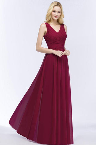 Ärmelloses A-Linien-Brautjungfernkleid mit V-Ausschnitt und Rüschen aus Chiffon, bodenlanges Partykleid