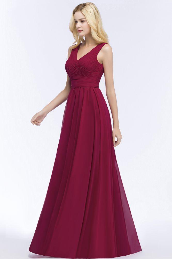 Sleeveless A-line V-neck Ruffled Chiffon Bridesmaid Dresses Floor Length Party Dress