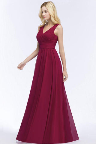 Ärmelloses A-Linien-Brautjungfernkleid mit V-Ausschnitt und Rüschen aus Chiffon, bodenlanges Partykleid