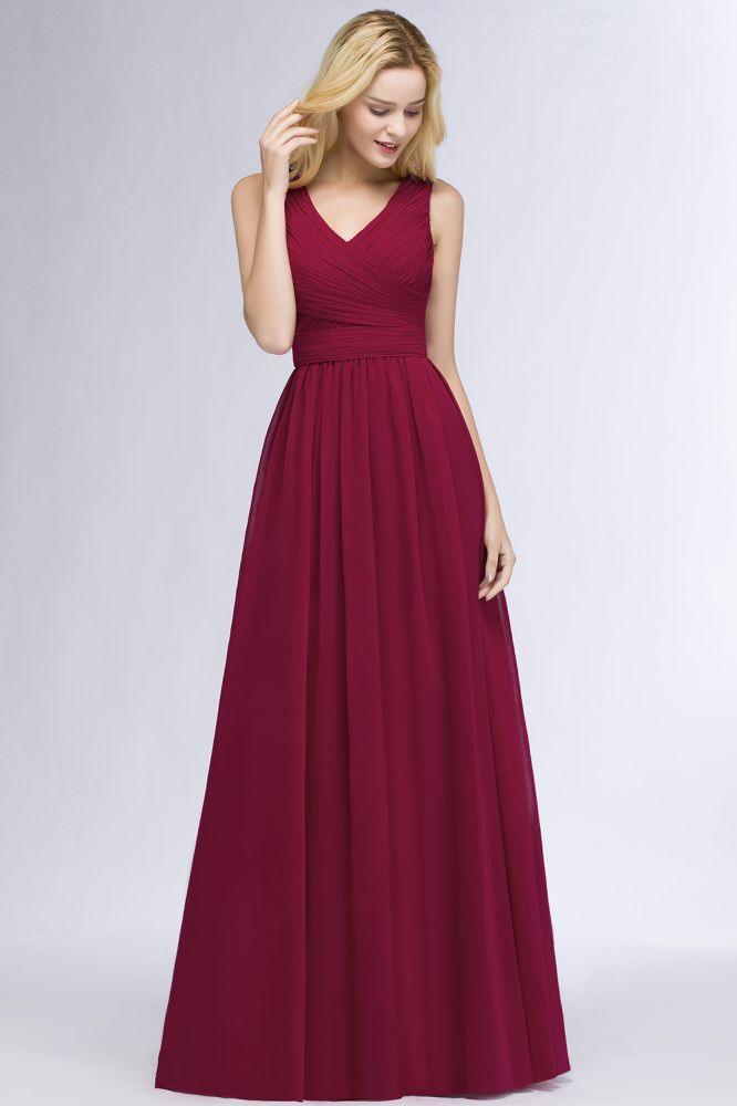 Sleeveless A-line V-neck Ruffled Chiffon Bridesmaid Dresses Floor Length Party Dress