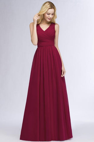 Ärmelloses A-Linien-Brautjungfernkleid mit V-Ausschnitt und Rüschen aus Chiffon, bodenlanges Partykleid