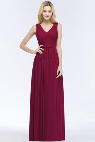 Ärmelloses A-Linien-Brautjungfernkleid mit V-Ausschnitt und Rüschen aus Chiffon, bodenlanges Partykleid