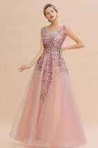 Ärmelloses Aline-Abendkleid in Altrosa mit Tüll-Spitzenapplikationen