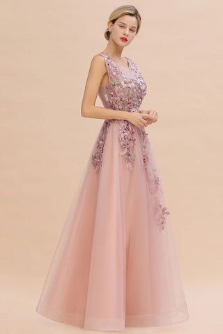 Ärmelloses Aline-Abendkleid in Altrosa mit Tüll-Spitzenapplikationen