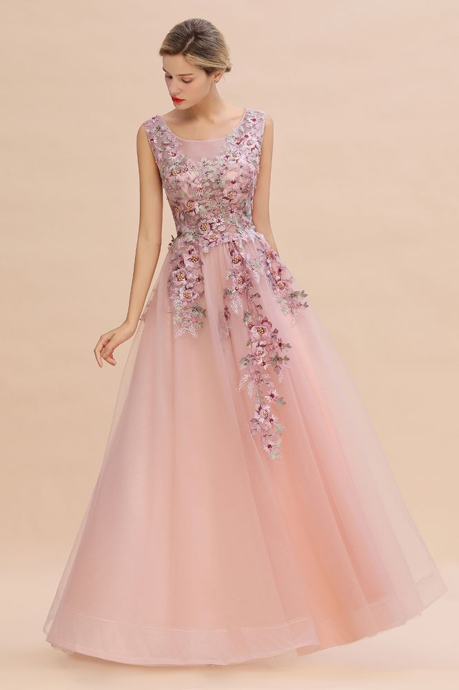 Ärmelloses Aline-Abendkleid in Altrosa mit Tüll-Spitzenapplikationen