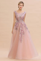 Ärmelloses Aline-Abendkleid in Altrosa mit Tüll-Spitzenapplikationen