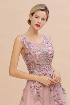 Ärmelloses Aline-Abendkleid in Altrosa mit Tüll-Spitzenapplikationen