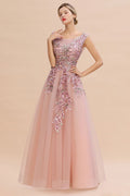 Robe de soirée longue sans manches en ligne A, rose poussiéreux, applications de dentelle en tulle, robe de fête