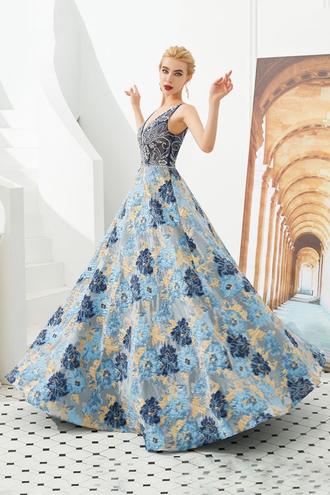 Ärmelloses Aline-Abendkleid mit V-Ausschnitt und Blumenmuster, bodenlanges Ballkleid