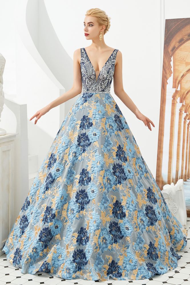 Ärmelloses Aline-Abendkleid mit V-Ausschnitt und Blumenmuster, bodenlanges Ballkleid